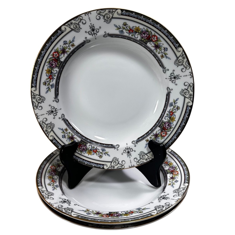 Mikasa Cambridge L9015 Fine China Japan Rim Soup Bowls Set 3 Floral Gold